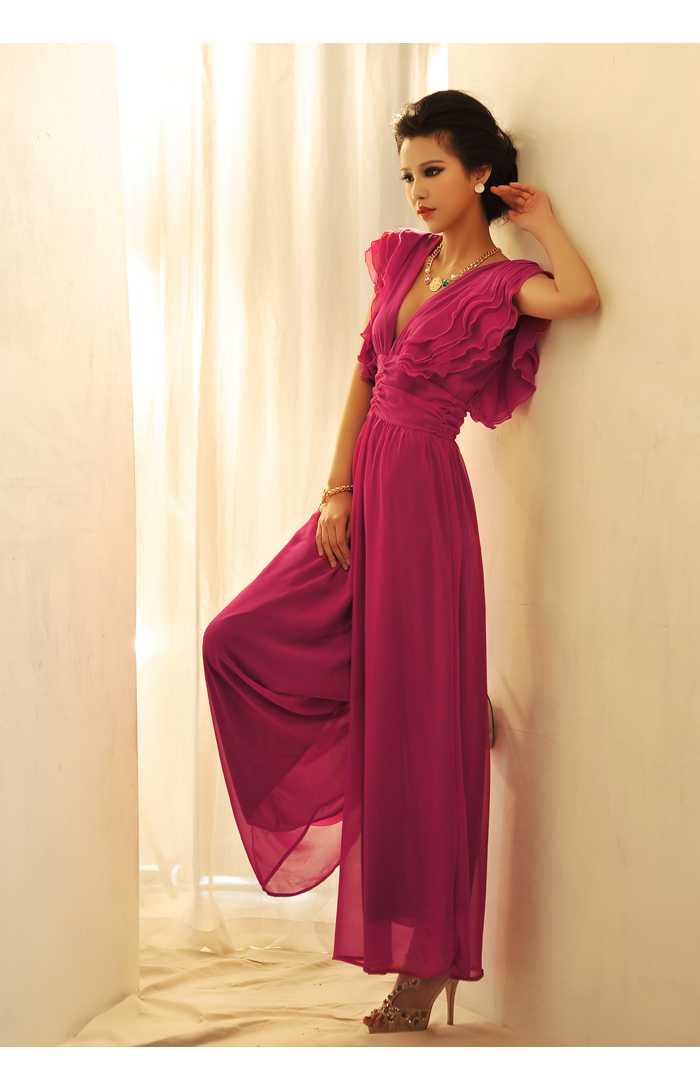 fashion jumpsuit ชุดเอี๊ยมกางเกงขายาว เซ็กซี่ คอวี สีม่วง สไตล์ยุโรป ผ้าชีฟอง สามารถใส่ออกงานได้