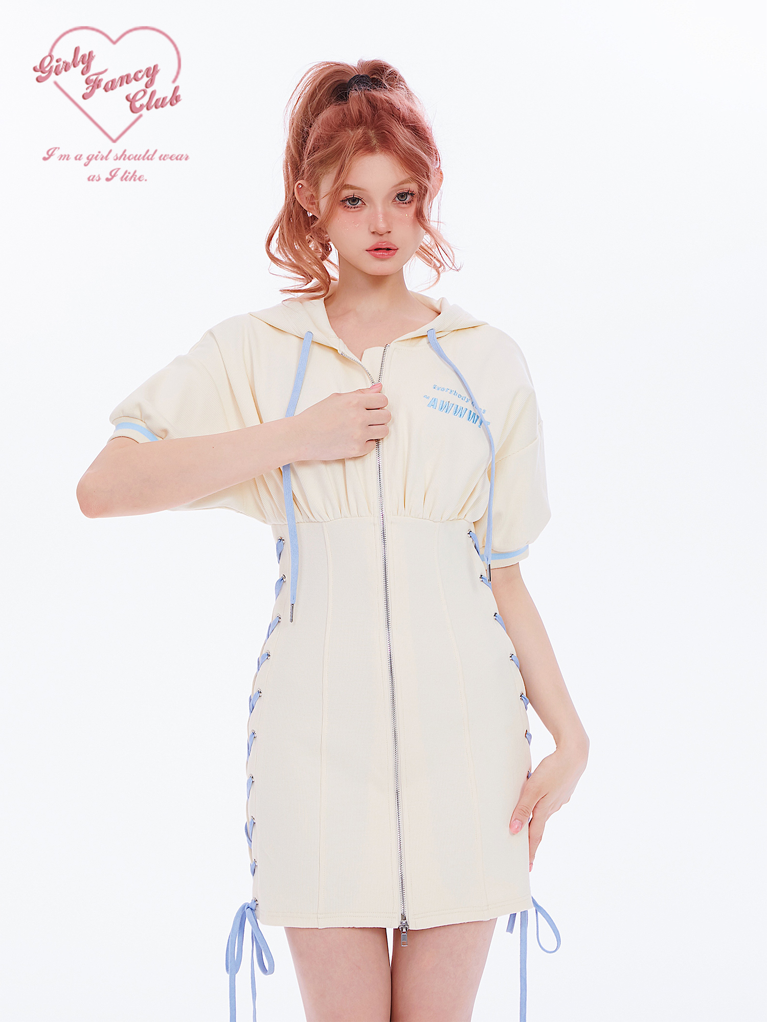 Girly Fancy Club : พรีออเดอร์ ชุดลำลองแฟชั่นสไตล์สปอร์ตแขนสั้นด้านหลังมีฮู๊ด ติดซิปด้านหน้า แบรนด์แท้