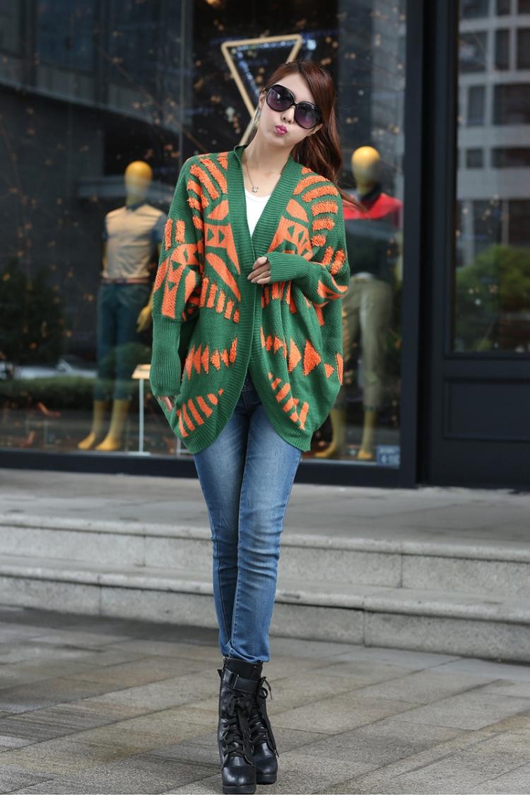 fashion เสื้อคลุม ไหมพรม สีเขียว ส้ม ใส่กันหนาวได้ อุ่นๆ น่ารัก