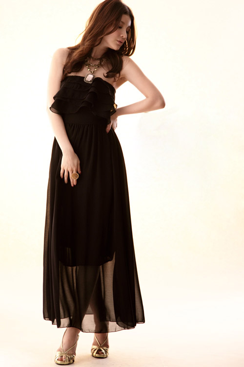 maxi dress ชุดเดรสยาวเกาะอก สีดำ ผ้าชีฟอง สม็อกอก แต่งพริ้ว เซ็กซี่ ใส่ออกงานได้ สวยมาก Asia Street Fashion