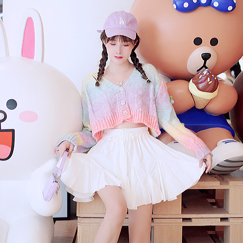 พรีออเดอร์ : เสื้อคลุมสเวตเตอร์สีรุ้งพาสเทลน่ารักๆ ช่วงแขนถักเชอร์รี่ ติดกระดุมหน้า (โทนสีที่ไล่ระดับแต่ละชุดจะแตกต่างกัน)