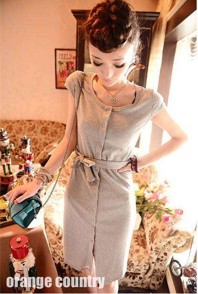 dress ชุดเดรสแฟชั่นเกาหลี แขนสั้น คอกลม ใส่ทำงาน เที่ยว ผ้าคอตตอน กระดุมหน้า พร้อมสายผูกเอว สีเทา น่ารักมากๆ ค่ะ Asia Street Fashion