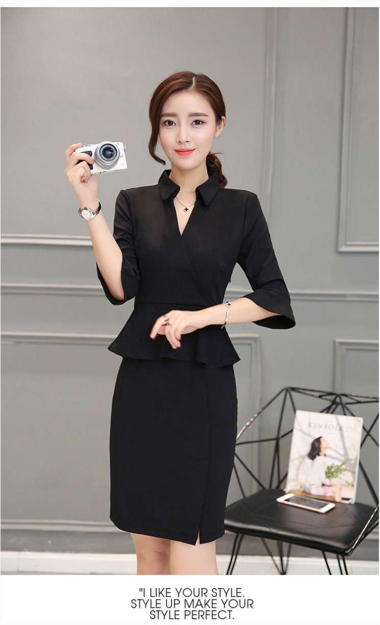 ชุดเดรสทำงานสีดำ เข้ารูป คอปก เอวแต่งระบาย แนวเรียบๆ สวยดูดี แฟชั่นชุดทำงานสไตล์ออฟฟิศ