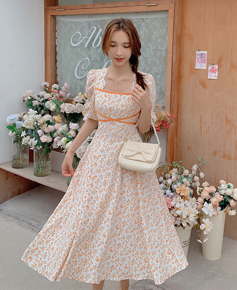 Palglg : พรีออเดอร์ เดรสยาวแฟชั่นสไตล์เกาหลีหวานๆ ลายดอกไม้สีส้ม แบรนด์แท้