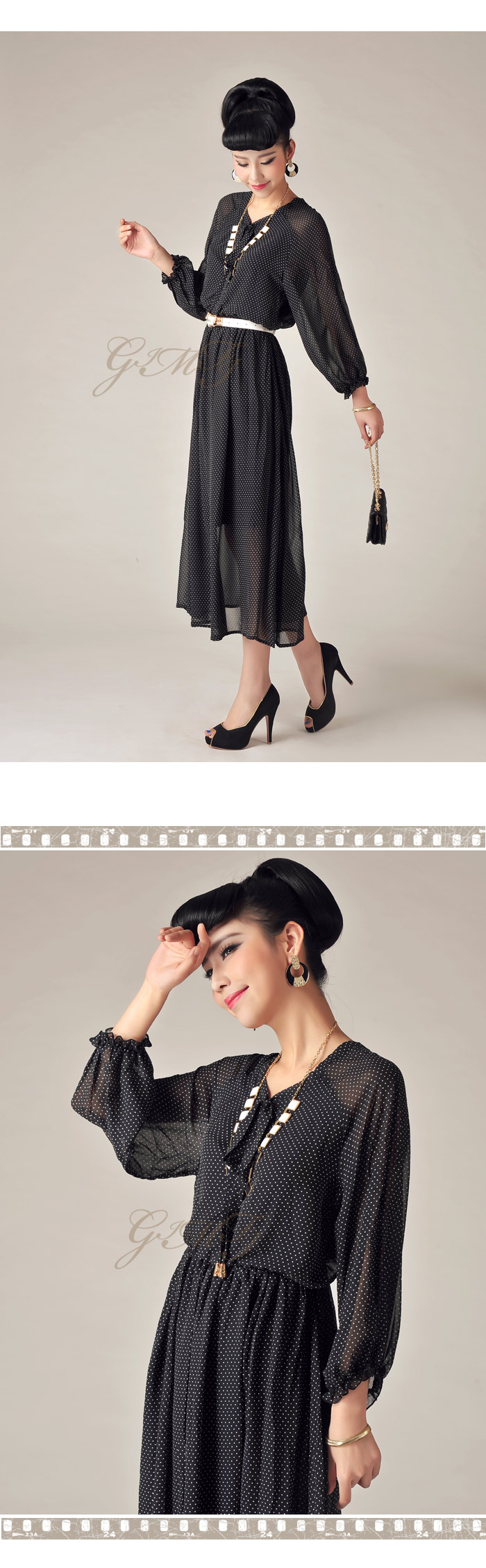 MAXI DRESS ชุดเดรสยาวแฟชั่นแขนยาว สีดำลายจุดขาว คอวี ผ้าชีฟอง จั๊มเอว ใส่เที่ยว ใส่ทำงาน สวยมาก ASIA STREET FASHION