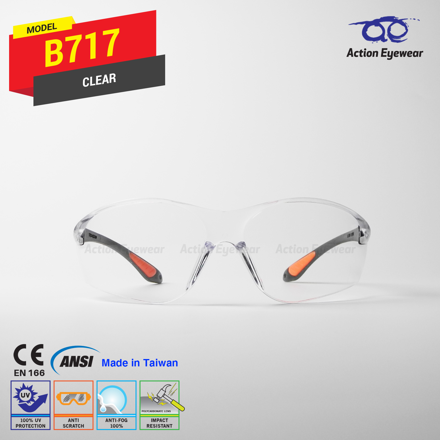 แว่นตานิรภัย รุ่น B717 (กันฝ้า 100%) เลนส์ใส