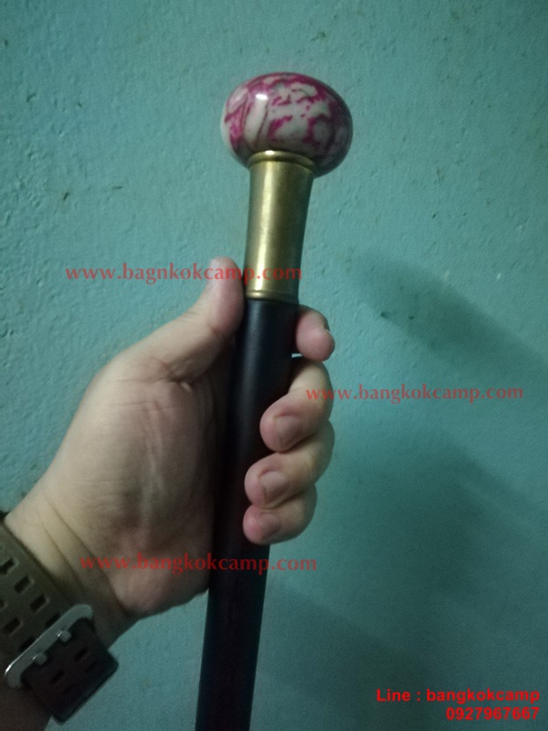 ไม้ตะพด (แบบที่ 10) หัวหินอ่อน ทรงแป้น ประดับเหรียญ ร.5