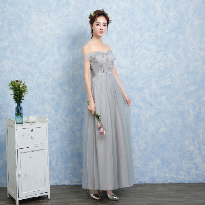 ชุดราตรียาวสีเทา เปิดไหล่ ผูกโบว์หลัง เรียบหรู สวยสง่า ดูดี สไตล์สาวหวาน ใส่ออกงานกลางคืน / ไปงานแต่งงาน / ชุดเพื่อนเจ้าสาว
