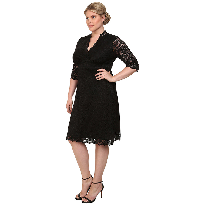 European and American women's large size 2016 spring V-neck SexySlim lace dress(Black)- Intl
