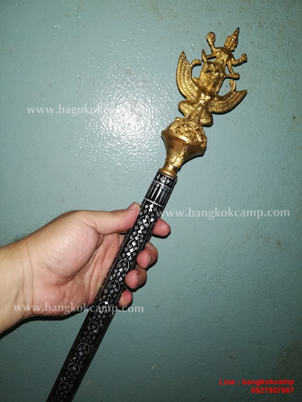 ไม้ครู หรือไม้ถือประดับมุข หัวนารายณ์ทรงสุบรรณ(นารายณ์ทรงครุฑ) ท้ายราหู ชุบทอง