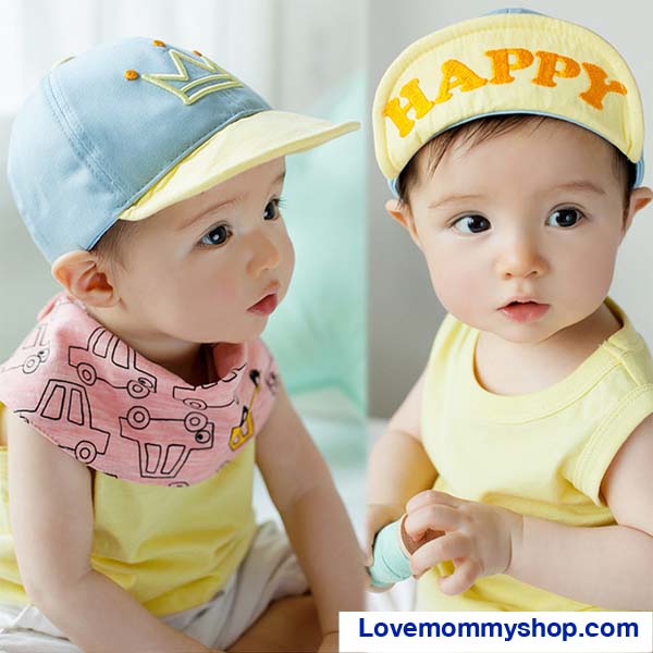 หมวกแก๊ปเด็ก ด้านหน้าปักมงกุฏ ปีกหมวกปัก HAPPY