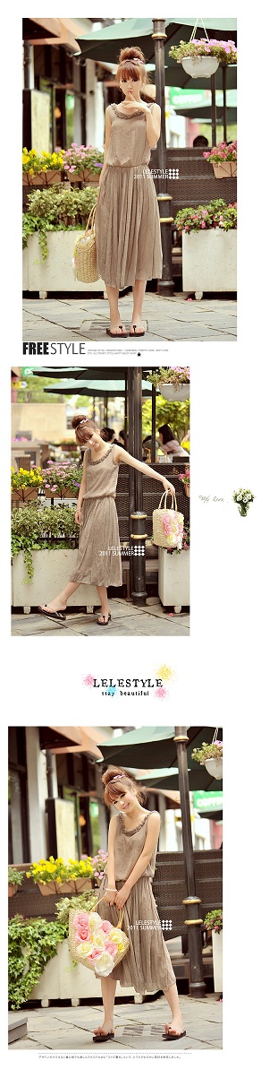 MAXI DRESS ชุดเดรสยาวแฟชั่นใส่ทำงาน ใส่เที่ยว เสื้อกล้าม สีน้ำตาล จั๊มเอว ใส่ไปทะเล ชิวๆ น่ารักๆ ASIA STREET FASHION