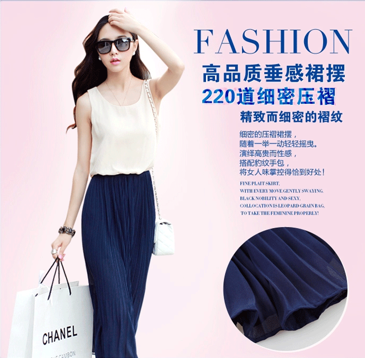 maxi dress - เดรสยาวผ้าชีฟอง แขนกุด สีน้ำเงิน สีเบจ กระโปรงอัดพลีท จั๊มเอว น่ารัก ใส่เที่ยว ทำงาน Asia Street Fashion