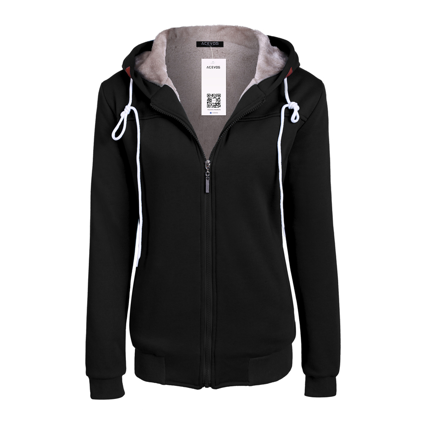 Sunwonder ACEVOG Women Fashion Casual Hooded Zipper Closure PureColor Thick Leisure Sports Slim Tops Hoodie Sweatshirt (Black)