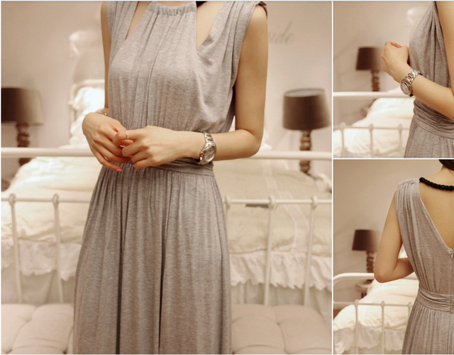 maxi dress ชุดเดรสยาวแฟชั่น คอรูด แขนกุด ใส่ทำงาน ผ้าคอตตอน ซิบหลัง สีเทา ใส่เที่ยว เท่ห์ๆ จ้า Asia Street Fashion