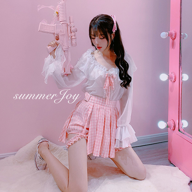 Summer Joy : กระโปรงแฟชั่นสไตล์หวานลายสก็อตสีชมพูน่ารักๆ ผ่าข้างพร้อมสายรัด + มีกางเกงฟักทองขาสั้นตามแบบ งานแบรนด์ (สินค้าไม่รวมเสื้อค่ะ)