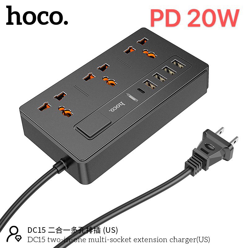 Hoco DC15 2in1 Multi-Socket Charger QC 3.0 PD 20W - รางปลั๊กไฟ ปลั๊กพ่วง 3 ช่อง และ USB 4 ช่อง PD 1 มีเทคโนโลยีชาร์จเร็วทั้ง PD 20W และ Quick Charge 3.0