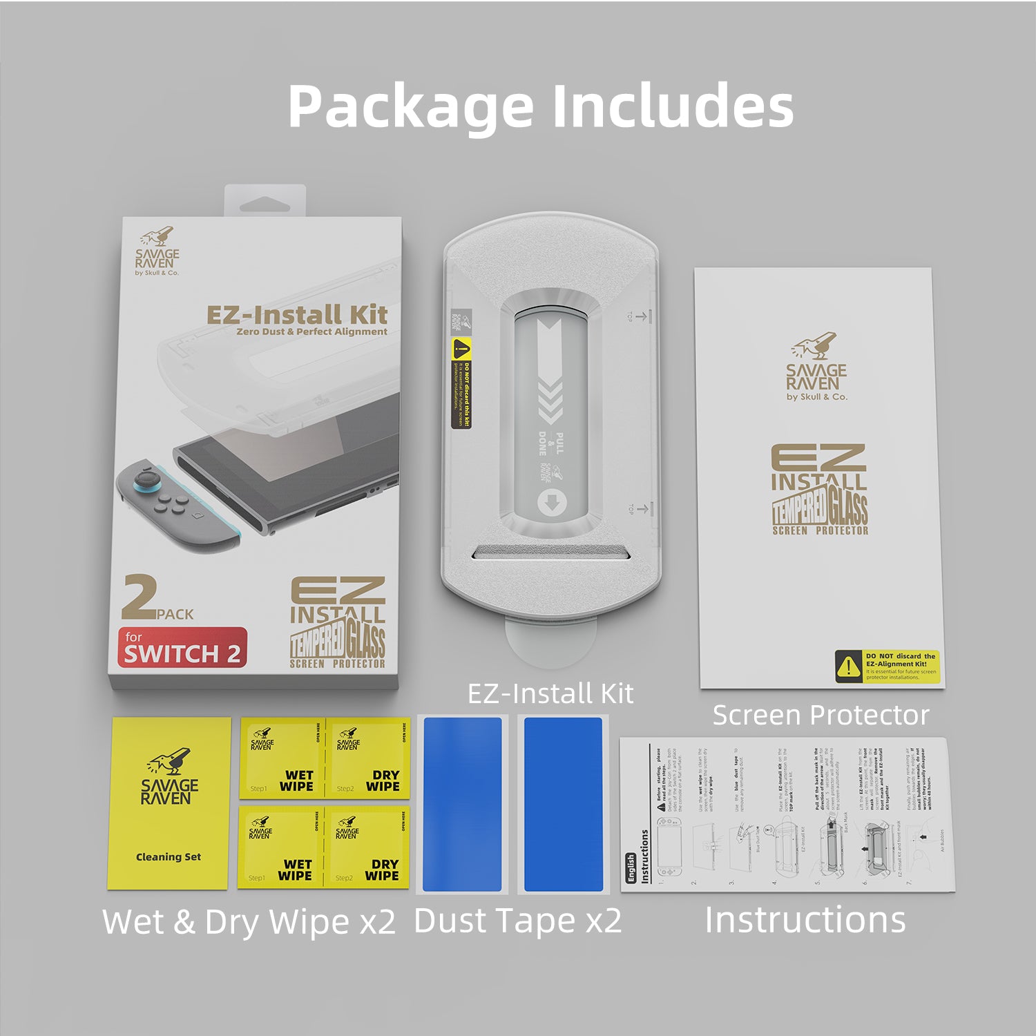 Savage Raven by Skull & Co. Tempered Glass with EZ-Install KIT for Switch 2(2 Pack) (รุ่นปี 2025)