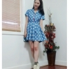 CHERRY DRESS ชุดเดรสแฟชั่นผ้ายีนส์ ลายจุดสีขาว คอปก แขนสั้น สีฟ้า กระดุมหน้าสีแดง จั๊มเอว ใส่ทำงาน เที่ยว น่ารัก ASIA STREET FASHION