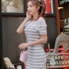 dress ชุดเดรสลายทาง เทา ขาว ผ้าคอตตอน แต่งลูกไม้คอเสื้อ ใส่เที่ยว-ใส่ทำงาน Asia Street Fashion
