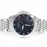 Gucci G Times Stainless Steel Quartz Ladies หน้ามุกดำ ฝังเพชร 12เม็ด (Sold)