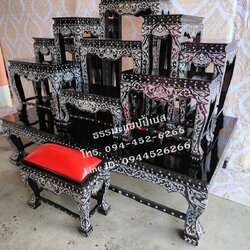 โต๊ะหมู่บูชา หมู่ 9 หน้า 10 ไม้สัก ฝังมุก ลายไทย