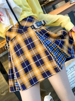 พรีออเดอร์ : กระโปรงแฟชั่นสไตล์เกาหลีญี่ปุ่นลายสก็อตสีเหลืองน้ำเงิน แต่งหัวเข็มขัดและซิป สามารถรูดปิดได้