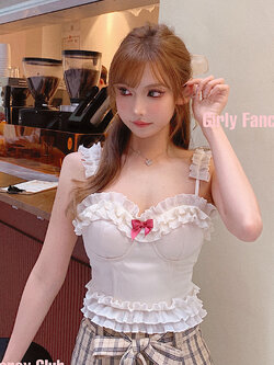 Girly Fancy Club : พรีออเดอร์ เสื้อสายเดี่ยวแฟชั่นน่ารักๆ แต่งระบาย ด้านหลังติดซิป แบรนด์แท้