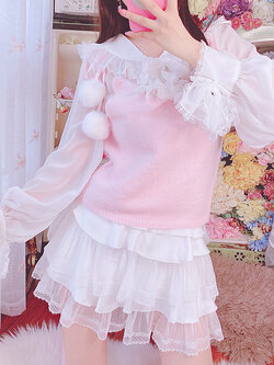 Summer Joy : พรีออเดอร์ ชุดแฟชั่นสไตล์ญ๊่ปุ่นน่ารักๆ (ราคาแยกชิ้น) เสื้อเชิ้ตแขนยาวแบบโปรงบาง และ เสื้อกั๊กสเวตเตอร์แต่งสายปอมๆ สีชมพู และ กระโปรงระบายสีขาว