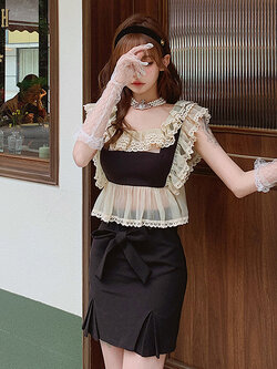 Girly Fancy Club : พรีออเดอร์ กระโปรงแฟชั่นมีสายผูกโบว์ด้านหน้าตามแบบ มีให้เลือก 2สี แบรนด์แท้