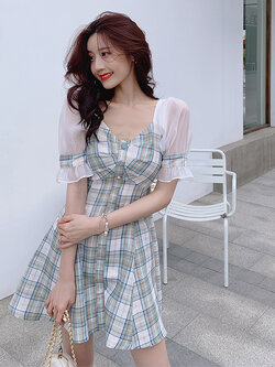 Palglg : พรีออเดอร์เดรสแฟชั่นสไตล์เกาหลีสีเขียวลายสก็อตน่ารักๆ งานแบรนด์