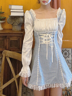 พรีออเดอร์ : เดรสแฟชั่นสีฟ้าลายสก็อตแขนยาวแต่งริบบิ้นช่วงเอวน่ารักๆ