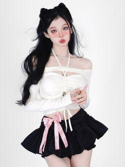 Shaoyeyan : พรีออเดอร์ เสื้อแฟชั่นเปิดไหล่แขนยาว แต่งสายคล้องคอและเชือกรูดเอว แบรนด์แท้