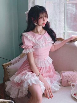 Summer Joy : พรีออเดอร์ เดรสแฟชั่นสไตล์โลลิต้าแขนสั้นสีชมพูหวาน แบรนด์แท้
