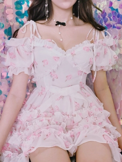 พรีออเดอร์ : เดรสชีฟองแฟชั่นสไตล์หวานน่ารักๆ ลายดอกไม้ แบบสายผูกไหล่