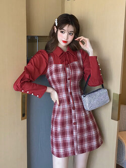 พรีออเดอร์ : เดรสแฟชั่นแขนยาวน่ารักๆ ลายสก็อต มีให้เลือก 2 สี