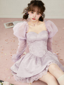 Acaine : พรีออเดอร์ เดรสแฟชั่นสไตล์หวานแขนยาวแต่งระบายลูกไม้ แบรนด์แท้