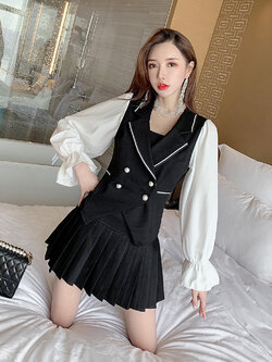 พรีออเดอร์ : ชุดเซ็ต 2 ชิ้น เสื้อแขนยาวสีขาวแต่งเสื้อกั๊กสีดำตามแบบ + กระโปรงจีบสีดำเข้าชุด