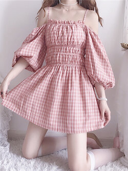 พรีออเดอร์ : เดรสสายเดี่ยวแขนยาวเปิดไหล่แฟชั่นสีชมพูลายสก็อต ช่วงแขนพองๆ น่ารักๆ