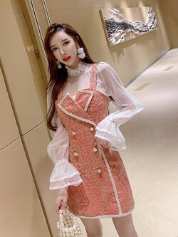 พรีออเดอร์ : ชุดเซ็ต 2 ชิ้น เสื้อตาข่ายแขนยาว + เดรสเข้ารูปตามแบบ มีให้เลือก 2สี