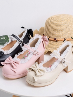 พรีออเดอร์ : รองเท้าแฟชั่นสไตล์ญี่ปุ่น แบบหวานน่ารัก ประดับโบว์ด้านหน้าแต่งระบายตามแบบ สูง 5 CM