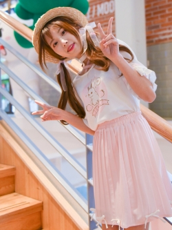 SNBL Girl : กระโปรงพลีทแฟชั่นสไตล์ญี่ปุ่น สีชมพูหวานประดับโบว์ แบรนด์แท้