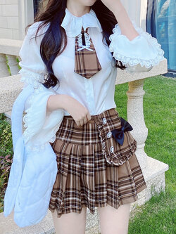 Summer Joy : พรีออเดอร์ ชุดแฟชั่นสไตล์หวาน เสื้อเชิ้ตสีขาวแขนยาวแต่งระบาย (ปกคอและเนคไทแยกจำหน่าย) และ กระโปรงลายสก็อตสีน้ำตาล แบรนด์แท้