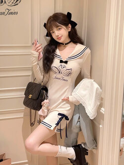 Bobon21 : พรีออเดอร์ เดรสแฟชั่นแขนยาวสไตล์ญี่ปุ่นน่ารัก แต่งปกกะลาสี แบรนด์แท้