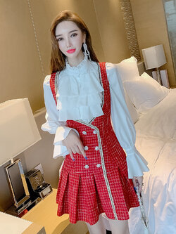 พรีออเดอร์ : ชุดเซ็ทแฟชั่น 2 ชิ้น เสื้อเชิ้ตแขนยาวสีขาว + เดรสกระโปรงจัมเปอร์ มีให้เลือก 2สี