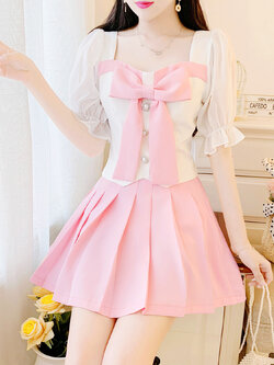 พรีออเดอร์ : ชุดเซ็ทแฟชั่นนำเข้า 2ชิ้น เสื้อแขนสั้นประดับโบว์ + กระโปรงจีบเข้าชุด มีให้เลือก 2สี