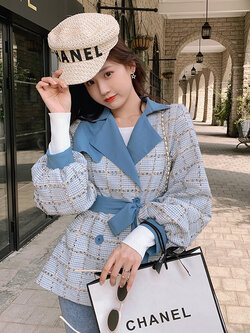 Palglg : พรีออเดอร์ เสื้อแจ็คเก็ตกันหนาวสีฟ้าลายสก็อต มีสายผูกด้านหน้าหวานๆ แบรนด์แท้