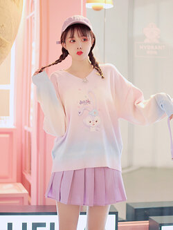 พรีออเดอร์ : เสื้อสเวตเตอร์กันหนาวสีรุ้งพาสเทลปักลายกระต่ายน่ารักๆ