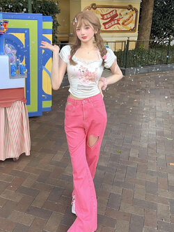 Bobon21 : (รีสต็อก) พรีออเดอร์ กางเกงขายาวฉลุลายหัวใจ แบรนด์แท้