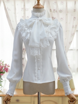 พรีออเดอร์ : เสื้อเชิ้ตโลลิต้าแขนยาว แต่งระบาย ติดกระดุมหน้า โบว์ผูกคอสามารถถอดออกได้ (มี 4 สีค่ะ)